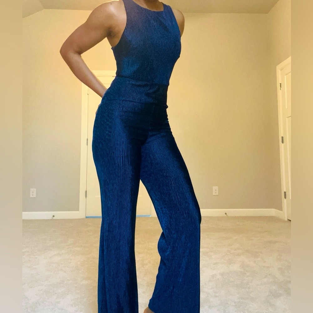 Navy Blue Velvet Jumpsuit - Picture 7 of 17